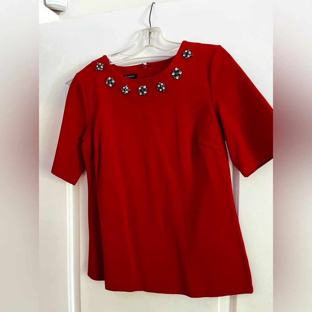 Talbots short sleeved red top. Rhinestone around the neck in the front. Size M